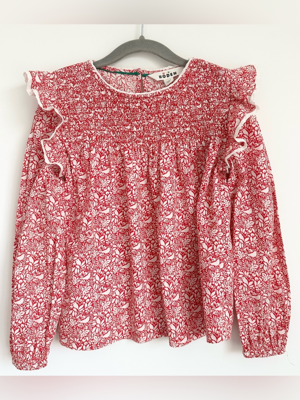 Like New! MINI BODEN Red White Print Ruffle Long Sleeve Top Size 7-8 Yrs